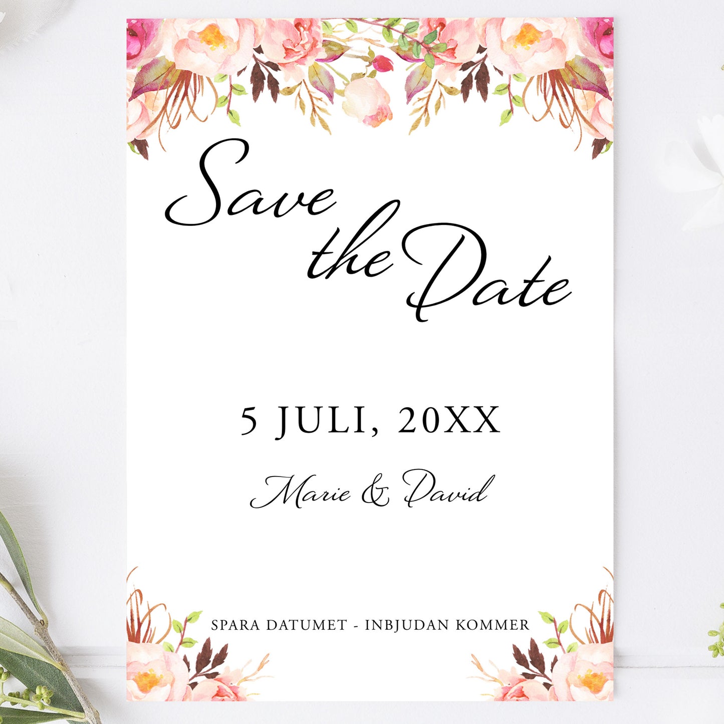 Save the Date-kort – Peach & Blush Blommig Romantisk Somrig - A6 Tryckt kort för bröllopsdatum BR006