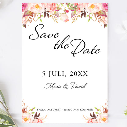 Save the Date-kort – Peach & Blush Blommig Romantisk Somrig - A6 Tryckt kort för bröllopsdatum BR006