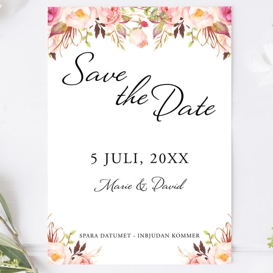 Save the Date-kort – Peach & Blush Blommig Romantisk Somrig - A6 Tryckt kort för bröllopsdatum BR006