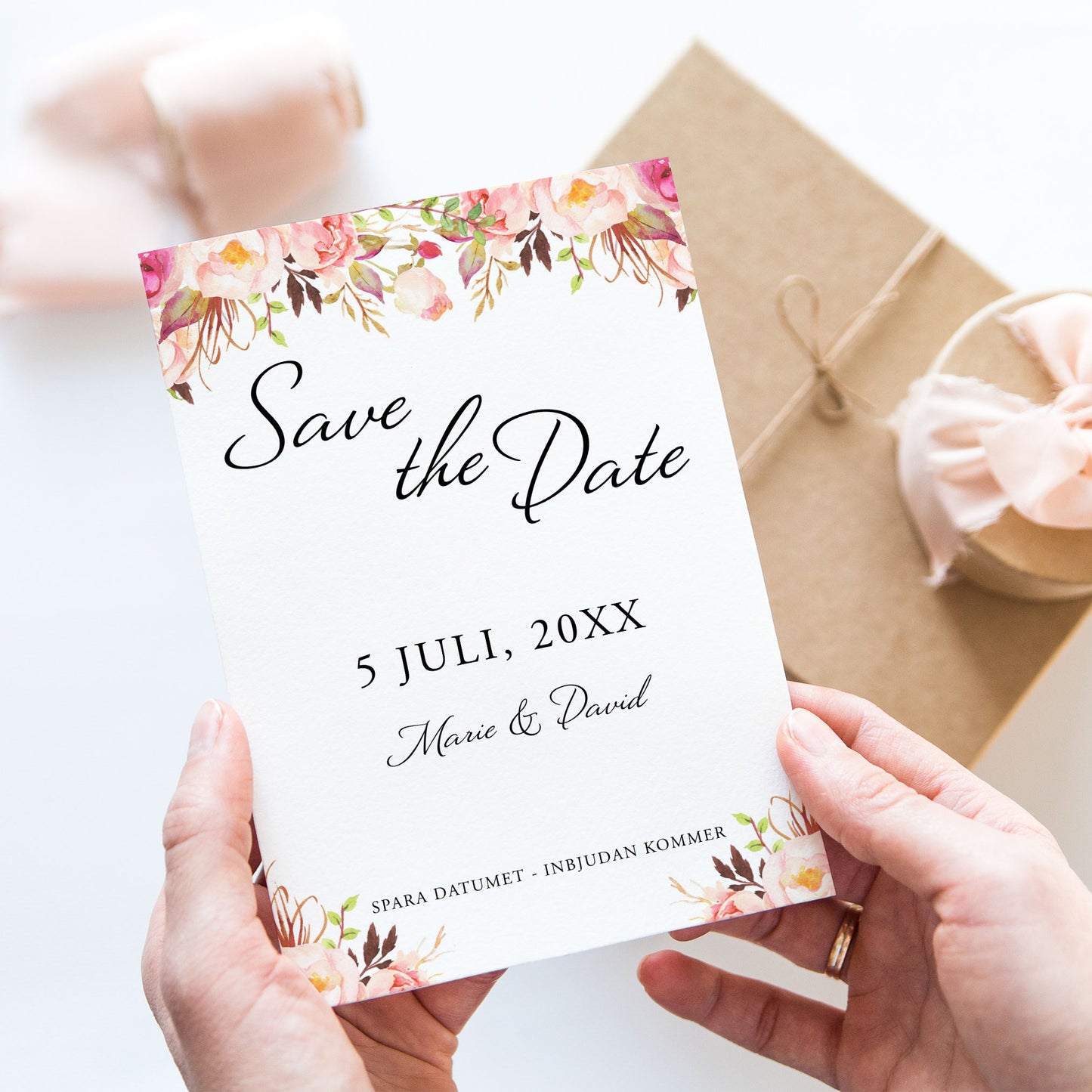 Save the Date-kort – Peach & Blush Blommig Romantisk Somrig - A6 Tryckt kort för bröllopsdatum BR006