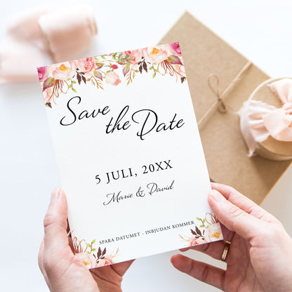 Save the Date-kort – Peach & Blush Blommig Romantisk Somrig - A6 Tryckt kort för bröllopsdatum BR006