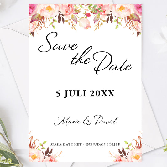 Save the Date kort – Peach & Blush Blommig Romantisk Somrig - A6 Tryckt kort för bröllopsdatum BR006