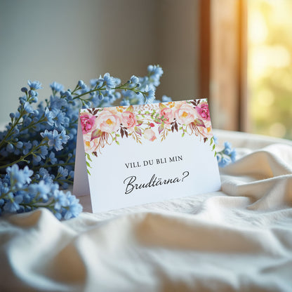 Vill du bli-kort – Peach & Blush Blommig Romantisk Somrig – A6 Tryckt fråga till brudfölje BR006