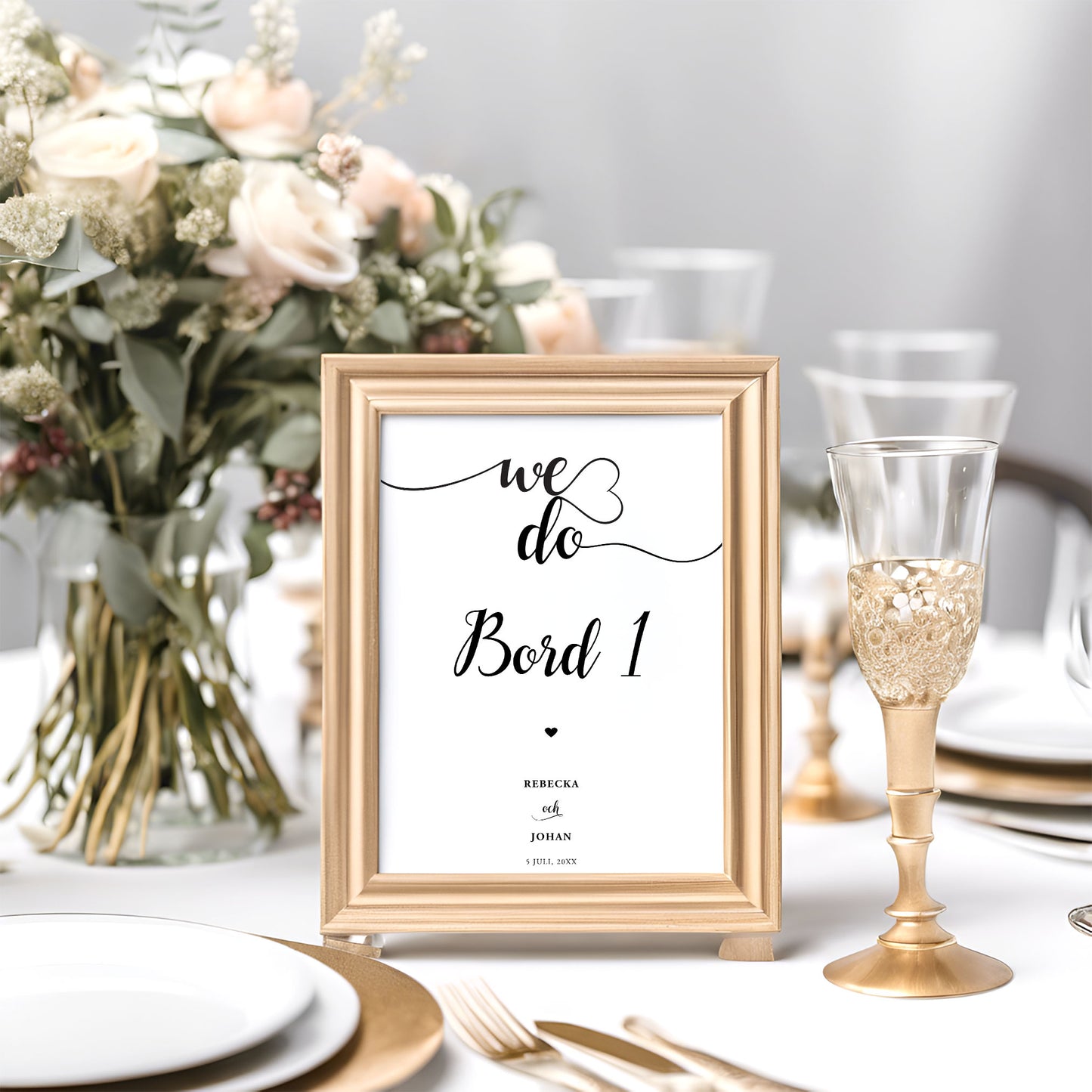 Bordsnummerkort till bröllop – We Do svartvitt modernt – Tryckt kort för dukning och bordsplacering BR007
