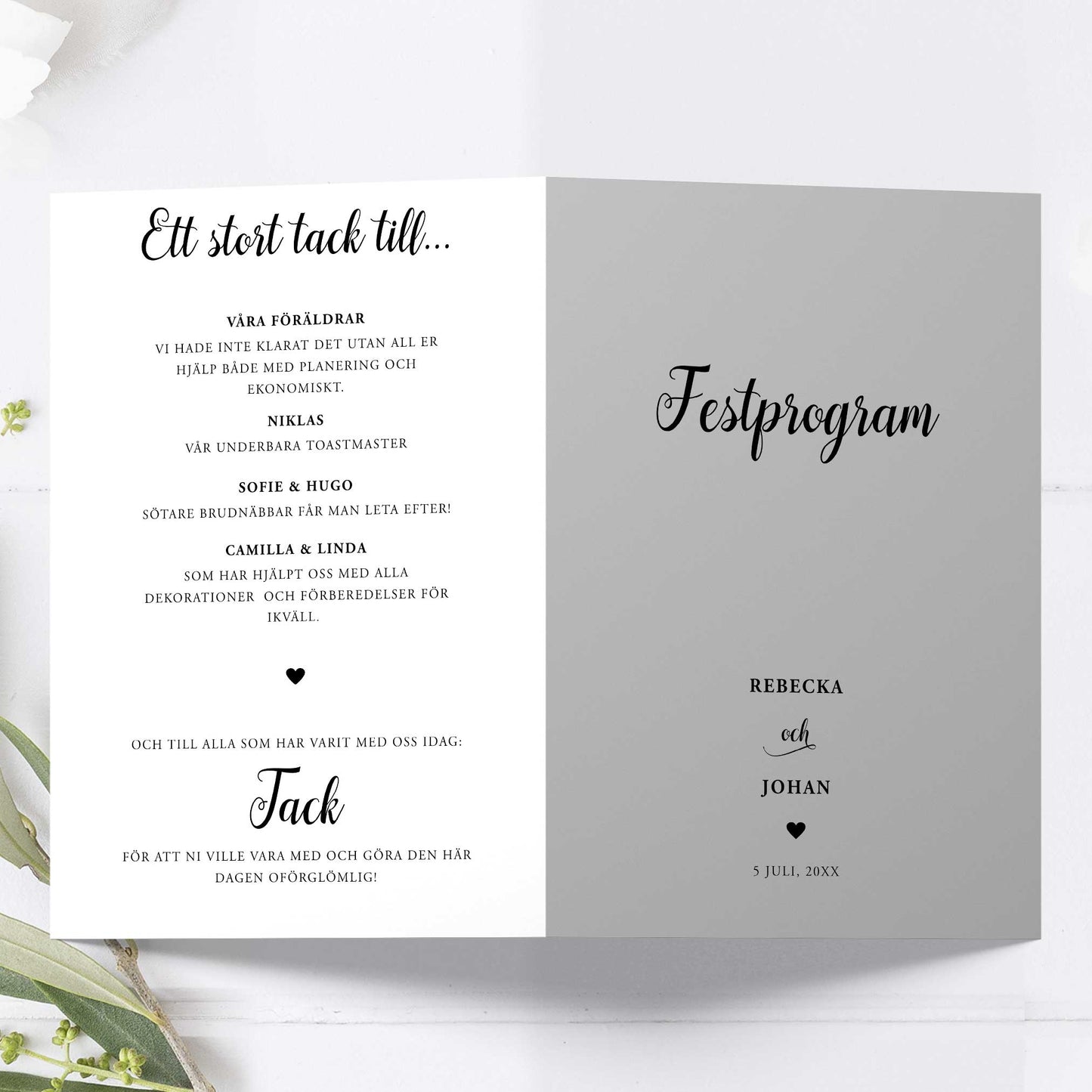 Festprogram litet, till bröllop – We Do svartvitt – Tryckt programkort 12,7x17,7 cm BR007