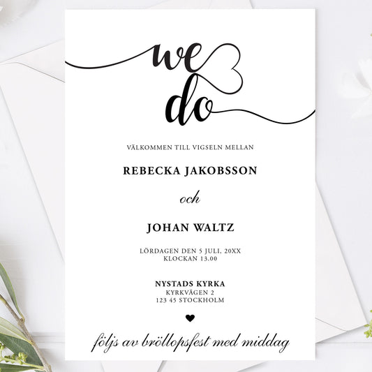 We Do bröllopsinbjudan – modern svartvit design – BR007