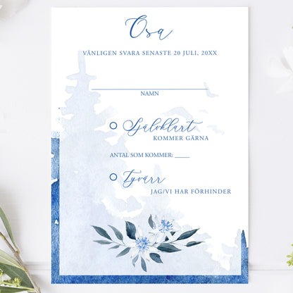 OSA-kort med kuvert (8 färger) – A6 Vintrigt blått akvarelltryck – Bröllopskort BR008