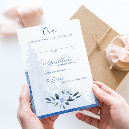 OSA-kort med kuvert (8 färger) – A6 Vintrigt blått akvarelltryck – Bröllopskort BR008