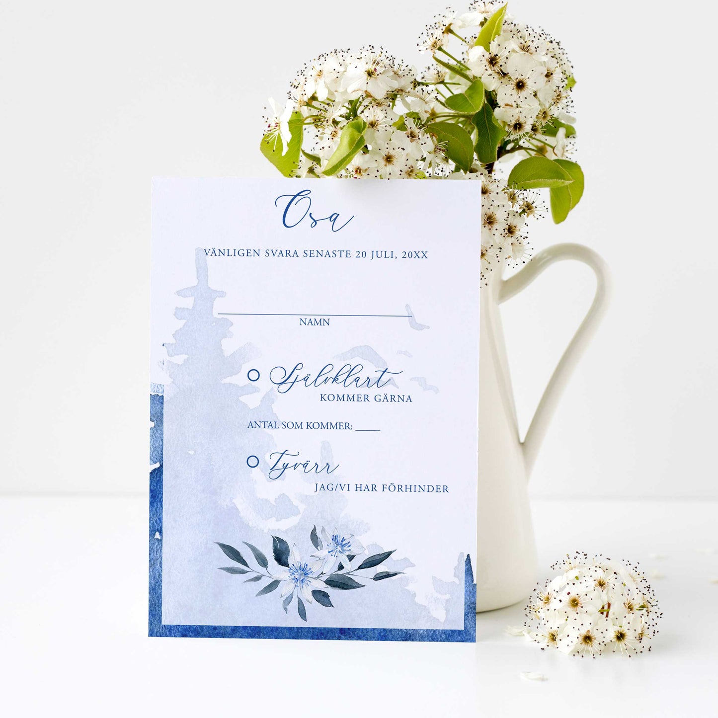 OSA-kort med kuvert (8 färger) – A6 Vintrigt blått akvarelltryck – Bröllopskort BR008