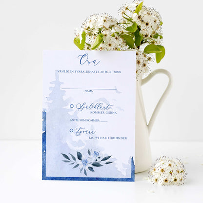 OSA-kort med kuvert (8 färger) – A6 Vintrigt blått akvarelltryck – Bröllopskort BR008