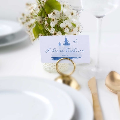Enkla placeringskort till bröllop – Vintrig Blått akvarell – Tryckt kort med namn för dukning BR008