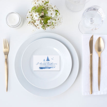 Enkla placeringskort till bröllop – Vintrig Blått akvarell – Tryckt kort med namn för dukning BR008