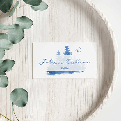 Enkla placeringskort till bröllop – Vintrig Blått akvarell – Tryckt kort med namn för dukning BR008