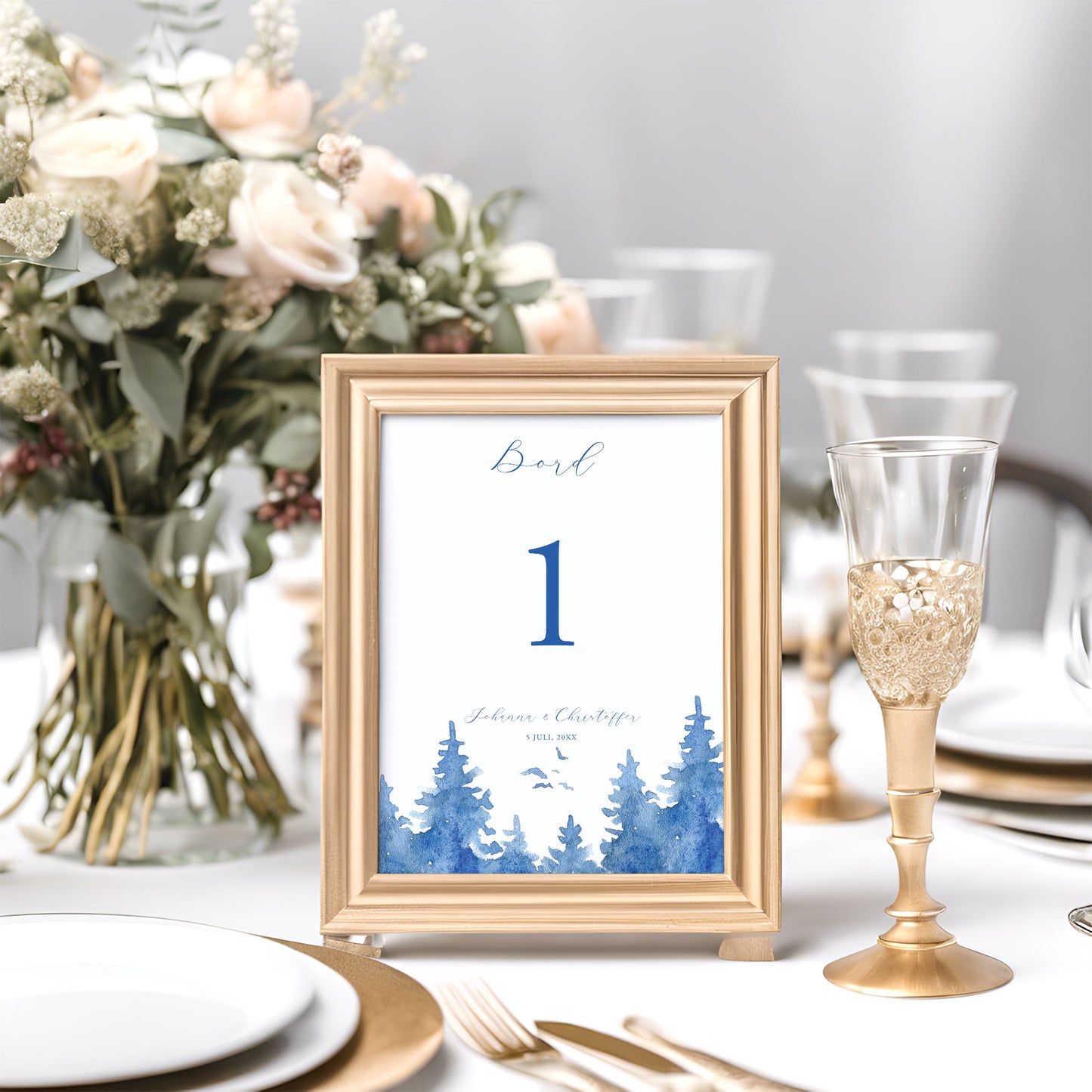 Bordsnummerkort till bröllop – Vintrigt blått akvarelltryck – Tryckt kort för dukning och bordsplacering BR008