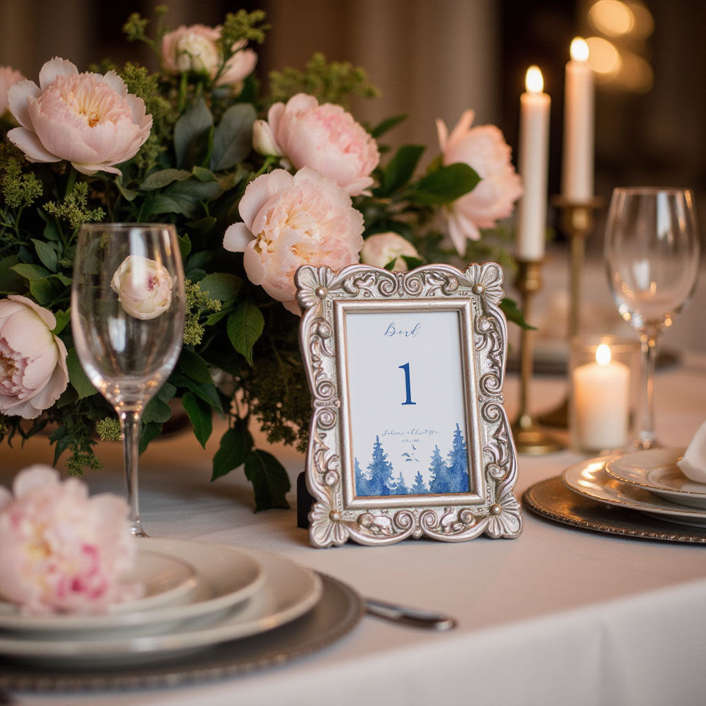 Bordsnummerkort till bröllop – Vintrigt blått akvarelltryck – Tryckt kort för dukning och bordsplacering BR008