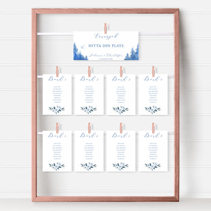 Bordsplaceringskort till bröllop – Vintrig Blått akvarell – Titelskylt & bordskort för gäster BR008