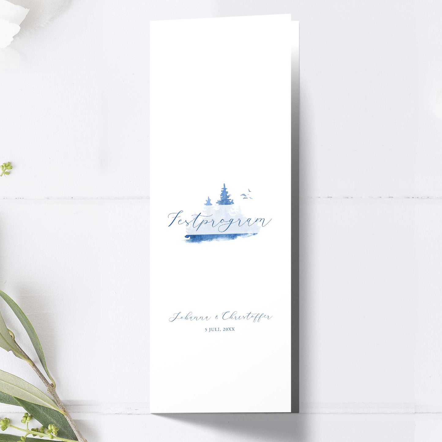 Festprogram till bröllop – Vintrigt blått akvarelltryck – Avlångt tryckt programkort 10,5×29,7 cm BR008