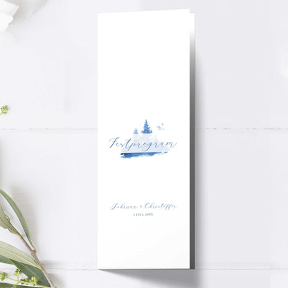 Festprogram till bröllop – Vintrigt blått akvarelltryck – Avlångt tryckt programkort 10,5×29,7 cm BR008