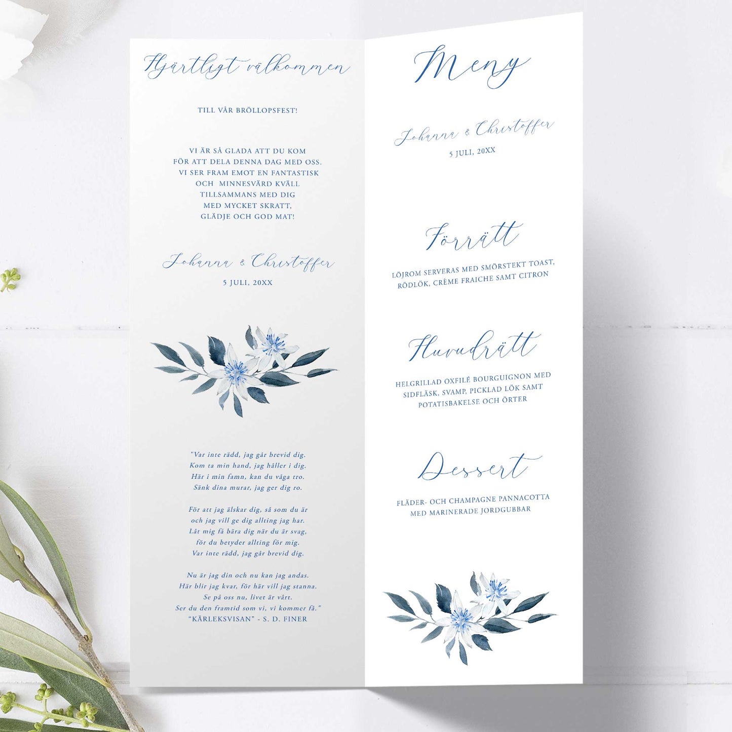 Festprogram till bröllop – Vintrigt blått akvarelltryck – Avlångt tryckt programkort 10,5×29,7 cm BR008