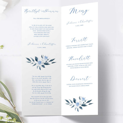Festprogram till bröllop – Vintrigt blått akvarelltryck – Avlångt tryckt programkort 10,5×29,7 cm BR008