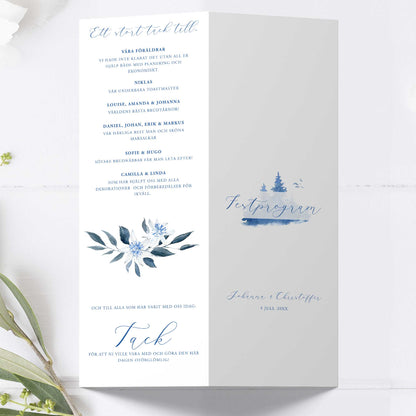 Festprogram till bröllop – Vintrigt blått akvarelltryck – Avlångt tryckt programkort 10,5×29,7 cm BR008