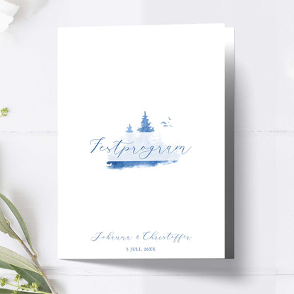 Festprogram litet, till bröllop – Vintrigt blått akvarelltryck – Tryckt programkort 12,7x17,7 cm BR008