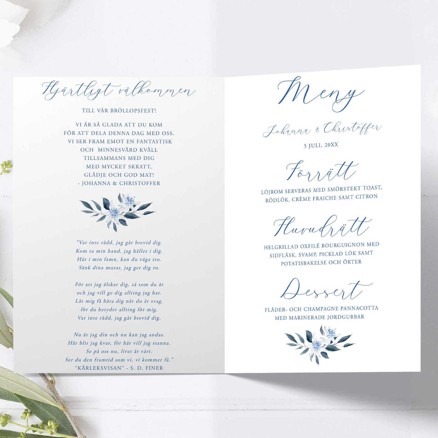 Festprogram litet, till bröllop – Vintrigt blått akvarelltryck – Tryckt programkort 12,7x17,7 cm BR008