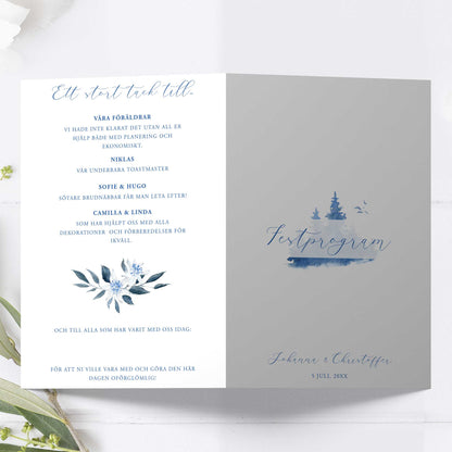 Festprogram litet, till bröllop – Vintrigt blått akvarelltryck – Tryckt programkort 12,7x17,7 cm BR008