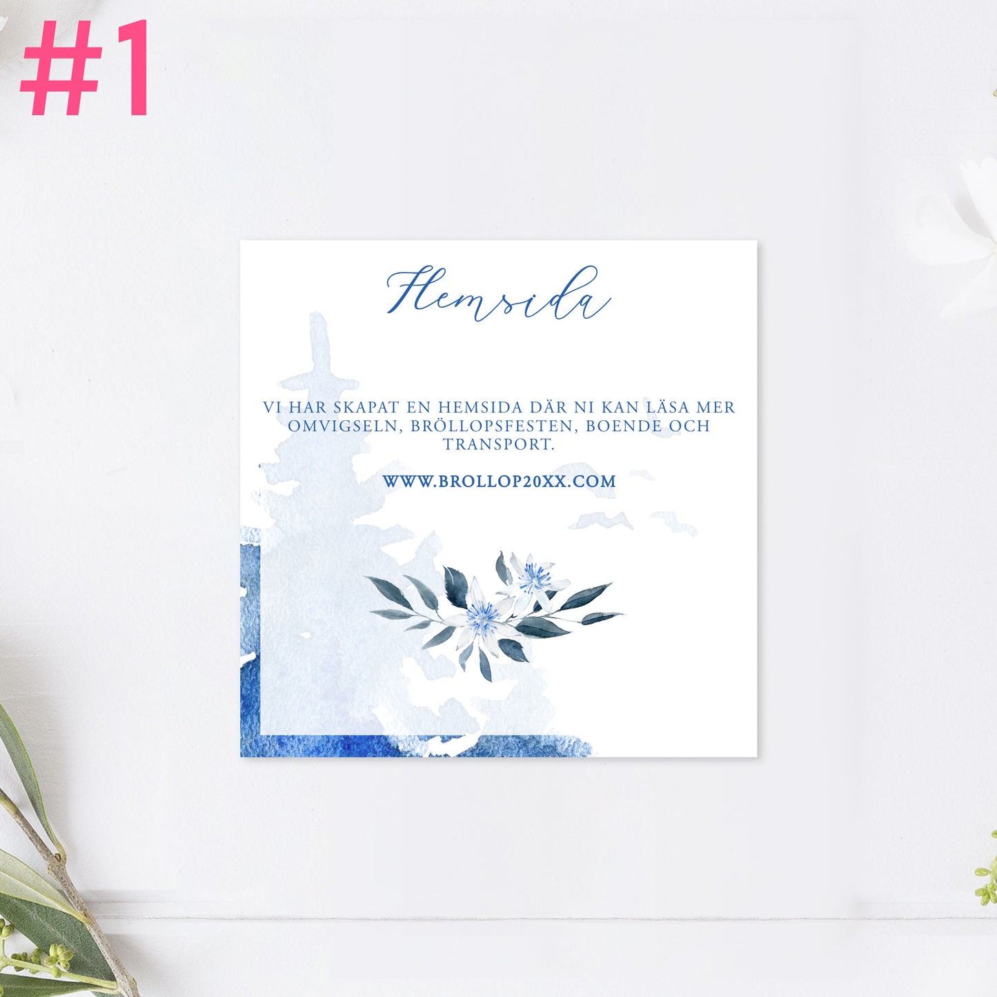 BR008-1 - Bröllopshemsida - Vintrigt blått akvarelltryck - Tryckt bröllopskort