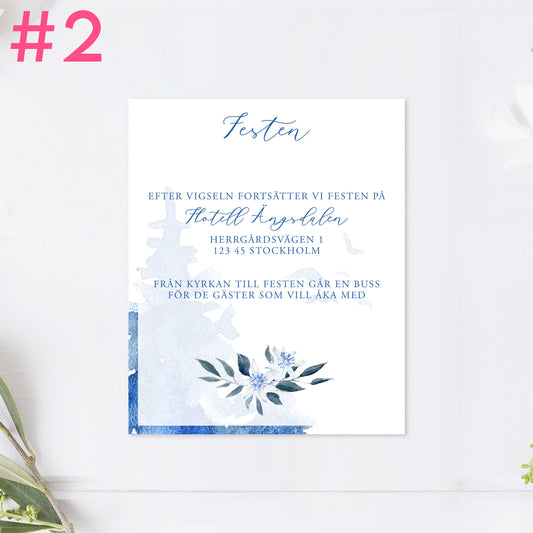BR008-2 - Festinformation - Vintrigt blått akvarelltryck - Tryckt bröllopskort