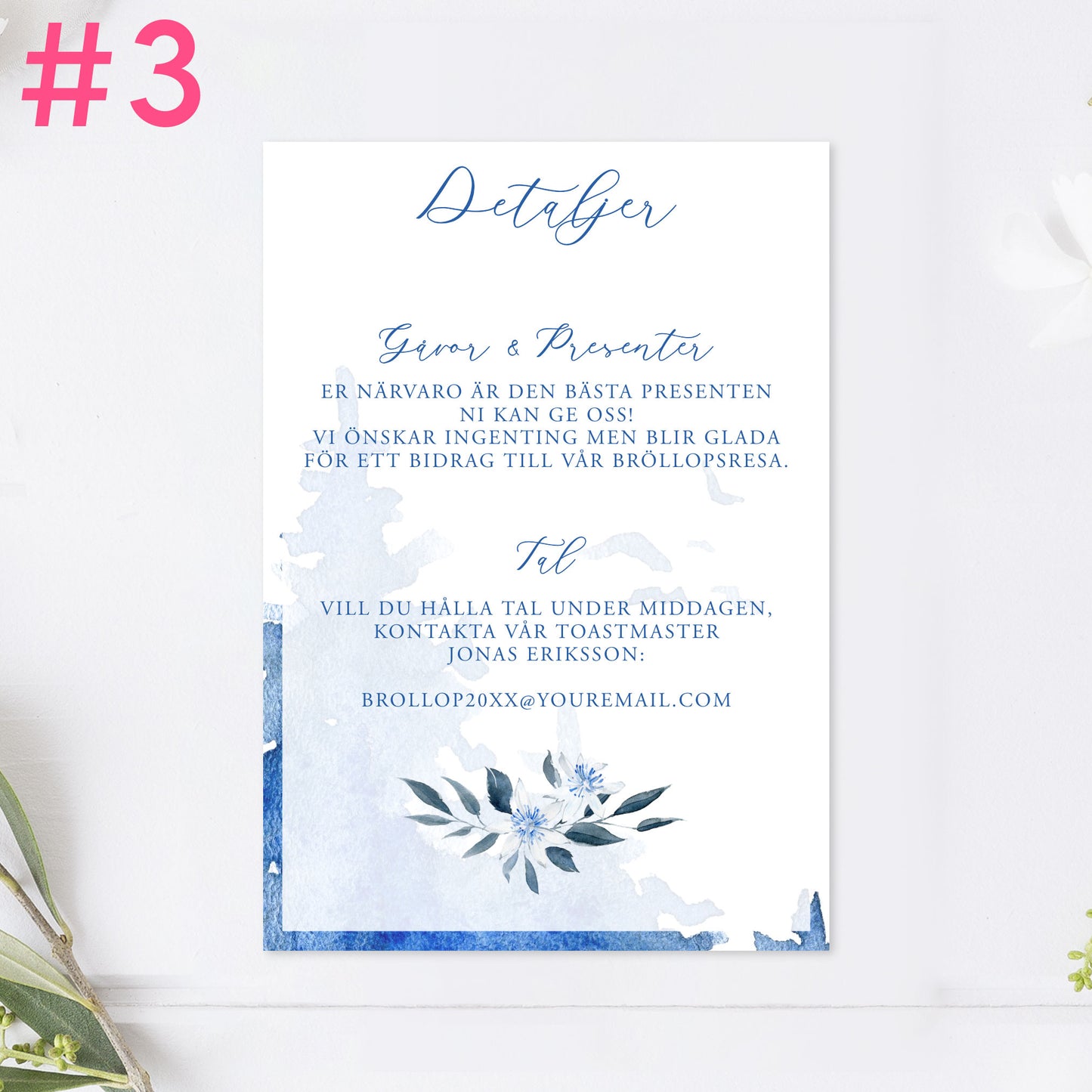 BR008-3 - Informationskort - Vintrigt blått akvarelltryck - Tryckt bröllopskort