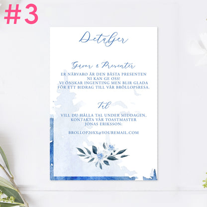 BR008-3 - Informationskort - Vintrigt blått akvarelltryck - Tryckt bröllopskort