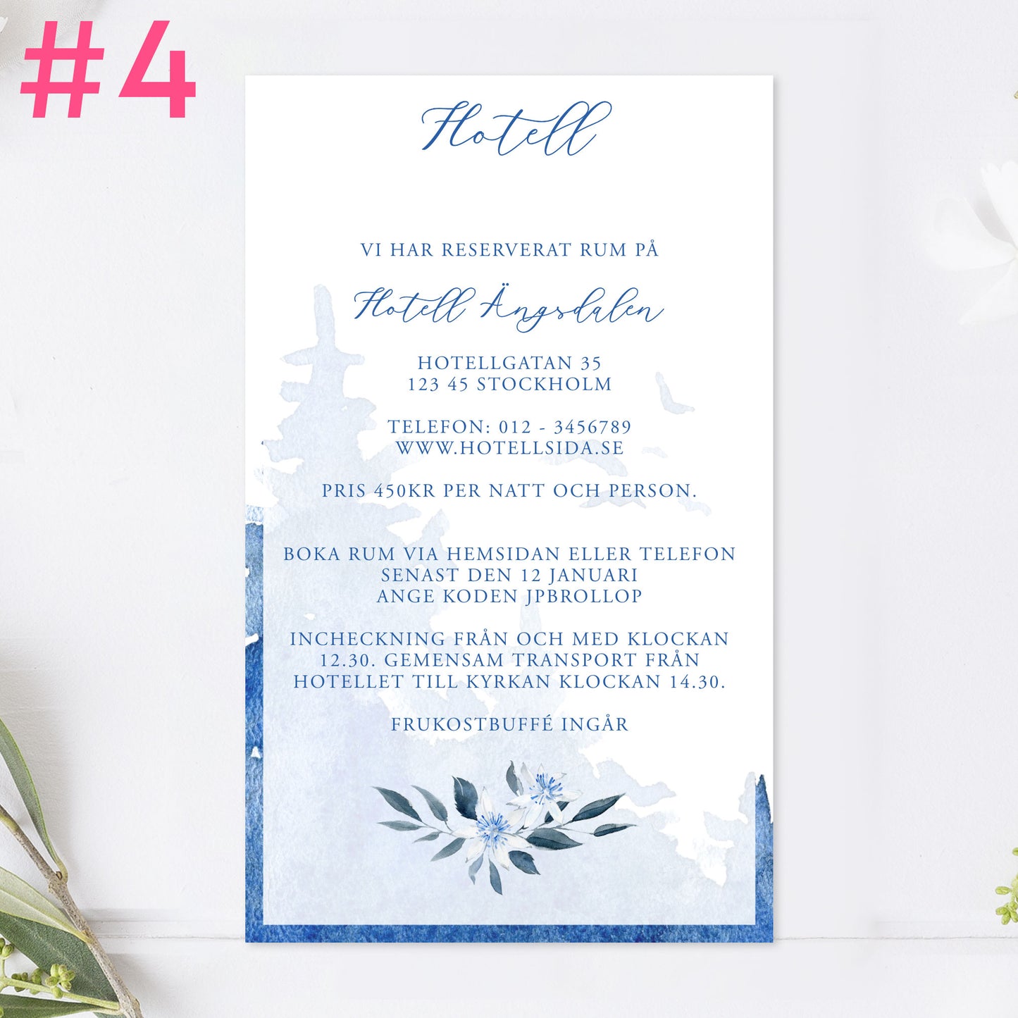 BR008-4 - Boendeinformation - Vintrigt blått akvarelltryck - Tryckt bröllopskort