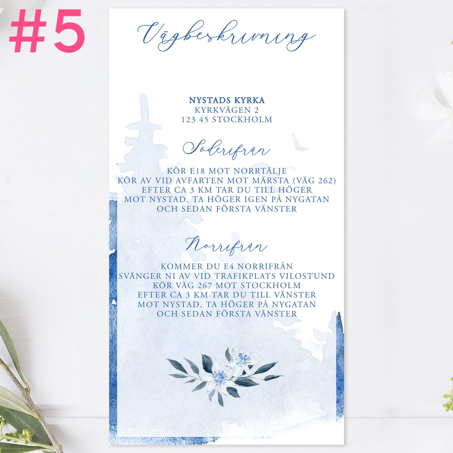 BR008-5 - Vägbeskrivning - Vintrigt blått akvarelltryck - Tryckt bröllopskort