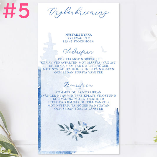 BR008-5 - Vägbeskrivning - Vintrigt blått akvarelltryck - Tryckt bröllopskort