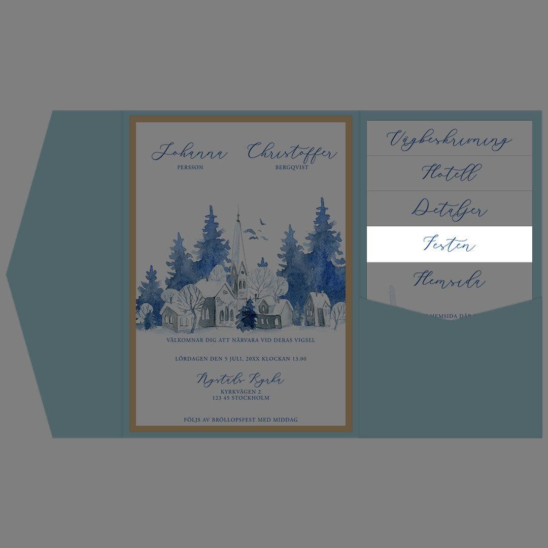 BR008-2 - Festinformation - Vintrigt blått akvarelltryck - Tryckt bröllopskort