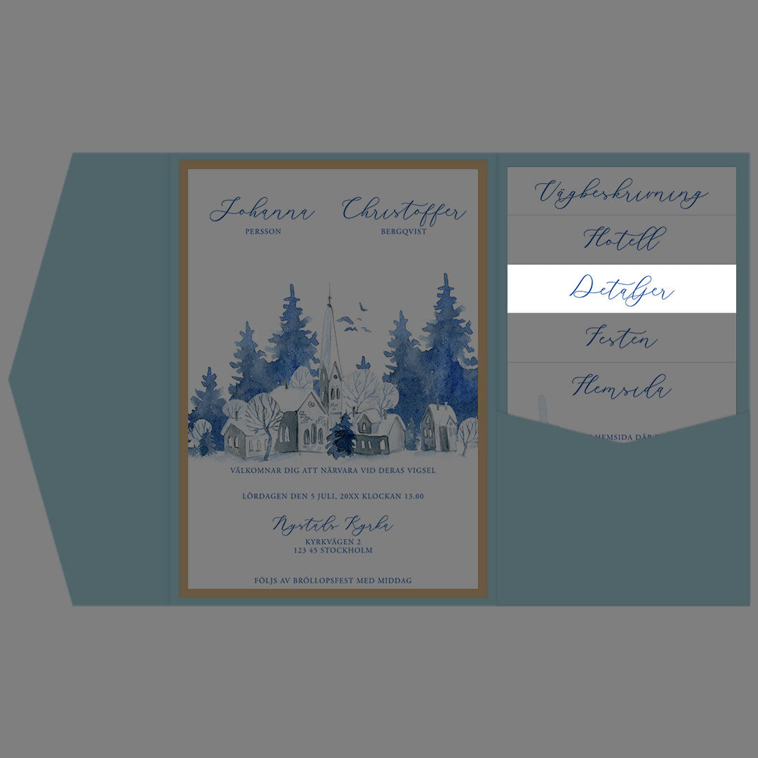 BR008-3 - Informationskort - Vintrigt blått akvarelltryck - Tryckt bröllopskort