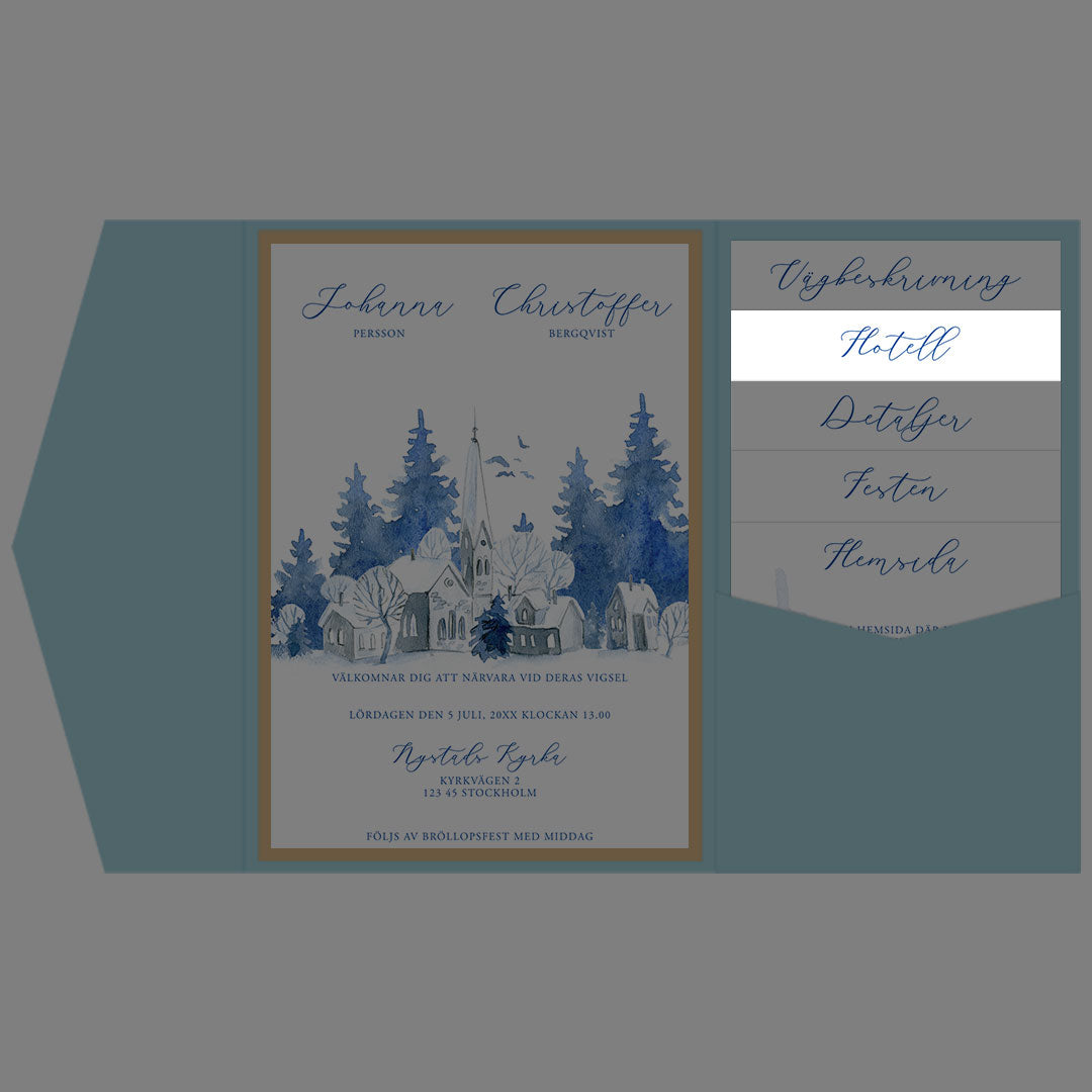 BR008-4 - Boendeinformation - Vintrigt blått akvarelltryck - Tryckt bröllopskort
