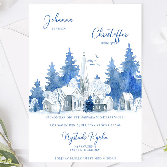 Vintrig bröllopsinbjudan – Blått akvarelltryckt kort – BR008