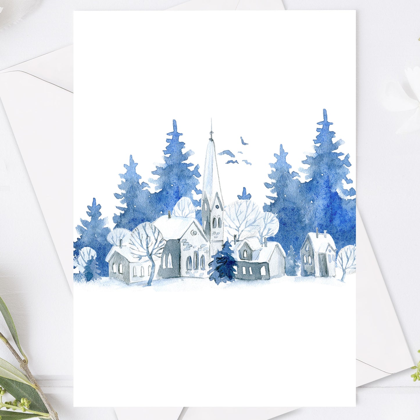 Vintrig bröllopsinbjudan – Blått akvarelltryckt kort – BR008