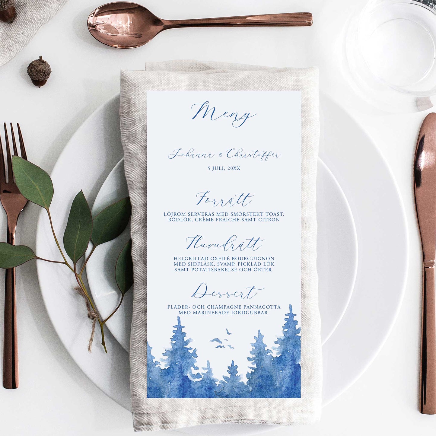Menykort till bröllop – Vintrig Blått akvarell – Tryckt kort för bröllopsmeny BR008