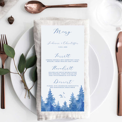 Menykort till bröllop – Vintrig Blått akvarell – Tryckt kort för bröllopsmeny BR008