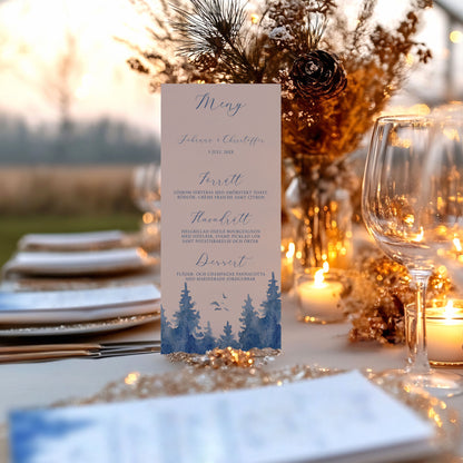 Menykort till bröllop – Vintrig Blått akvarell – Tryckt kort för bröllopsmeny BR008
