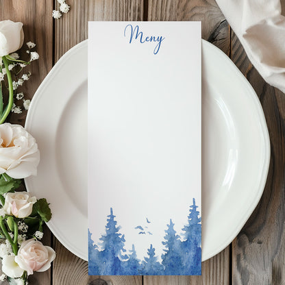 Menykort till bröllop – Vintrig Blått akvarell – Tryckt kort för bröllopsmeny BR008
