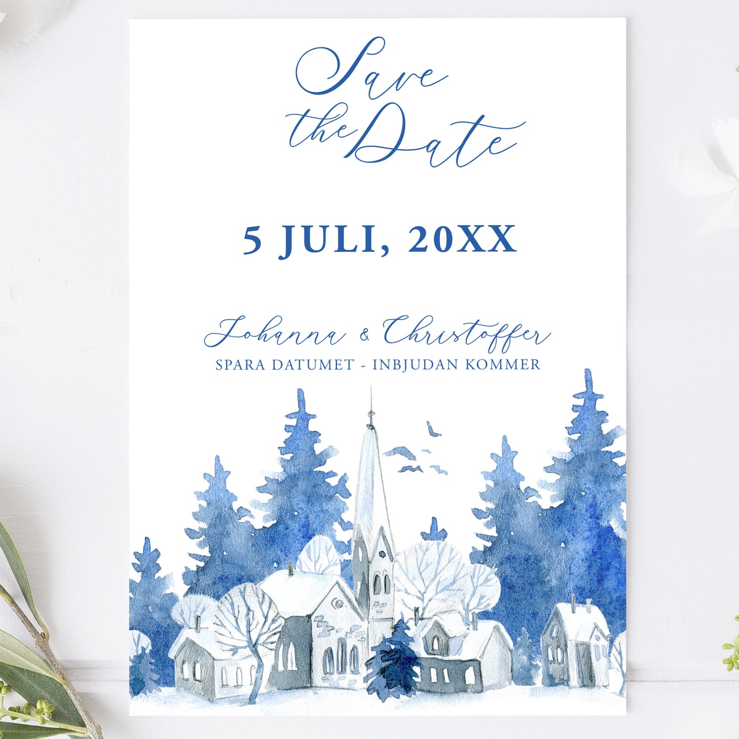 Save the Date-kort – Vintrig Blått akvarell - A6 Tryckt kort för bröllopsdatum BR008