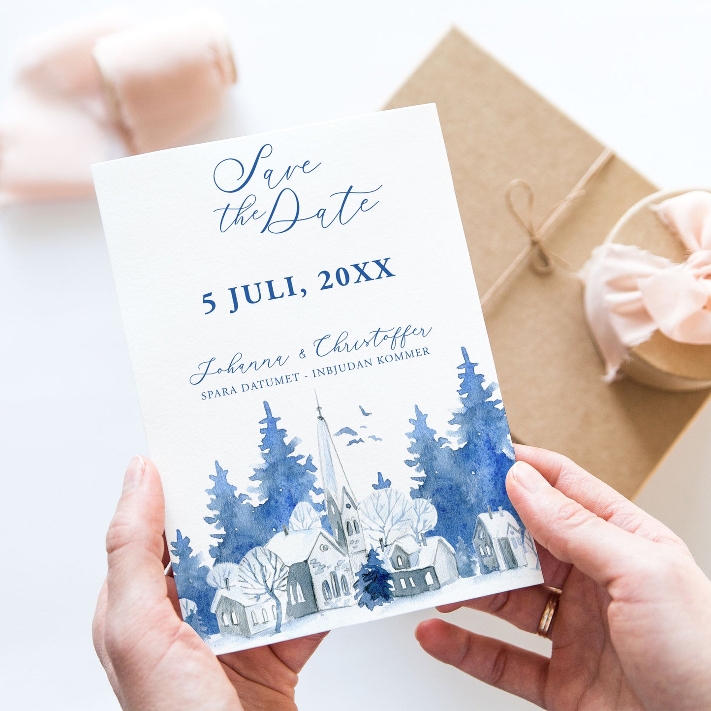 Save the Date-kort – Vintrig Blått akvarell - A6 Tryckt kort för bröllopsdatum BR008