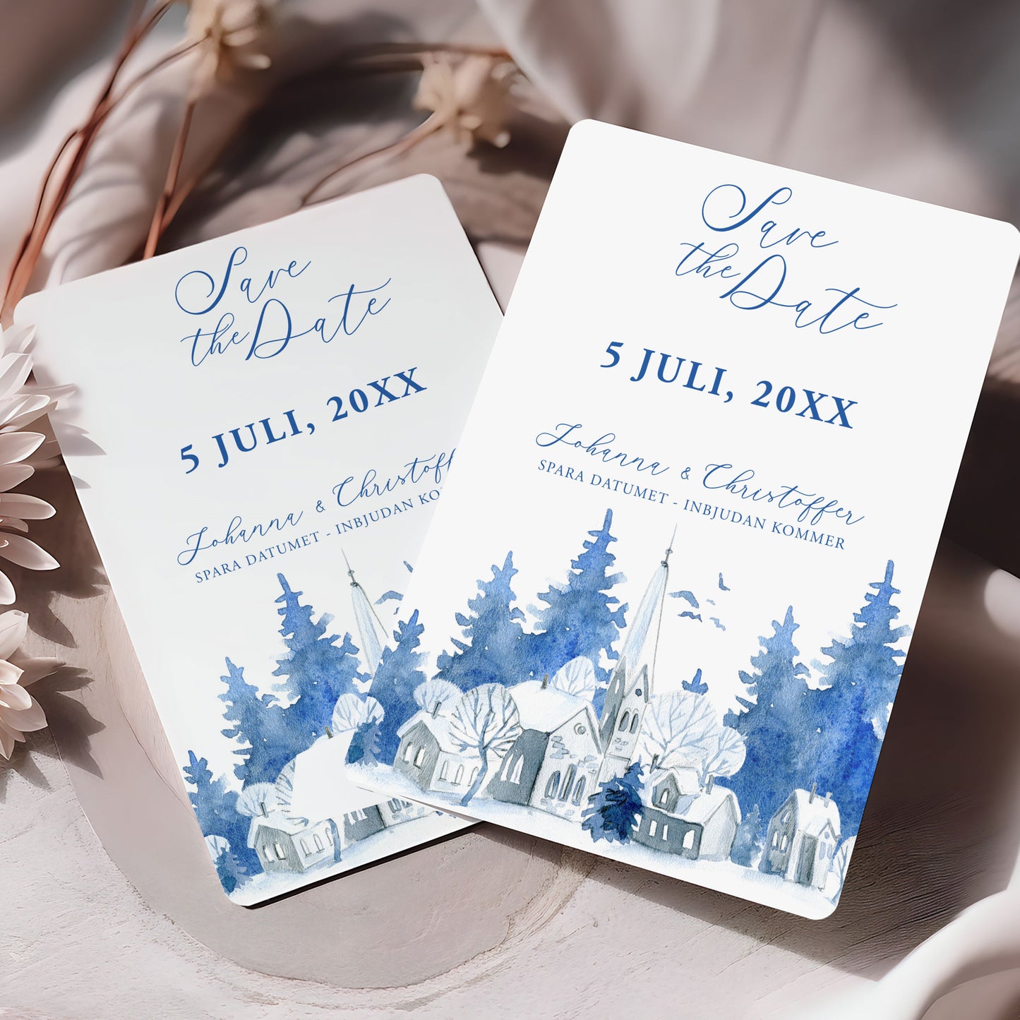 Save the Date-kort – Vintrig Blått akvarell - A6 Tryckt kort för bröllopsdatum BR008