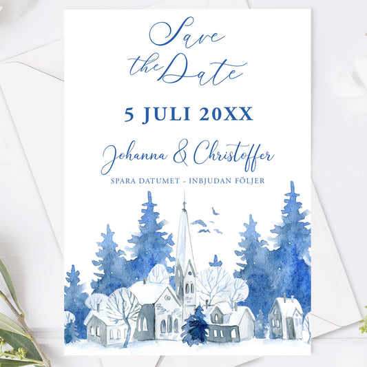 Save the Date kort – Vintrig Blått akvarell - A6 Tryckt kort för bröllopsdatum BR008