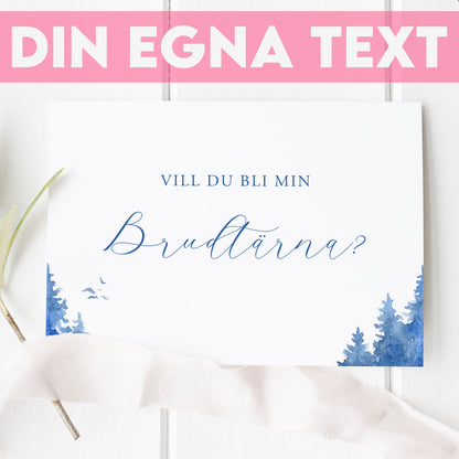 Vill du bli-kort – Vintrig Blått akvarell – A6 Tryckt fråga till brudfölje BR008