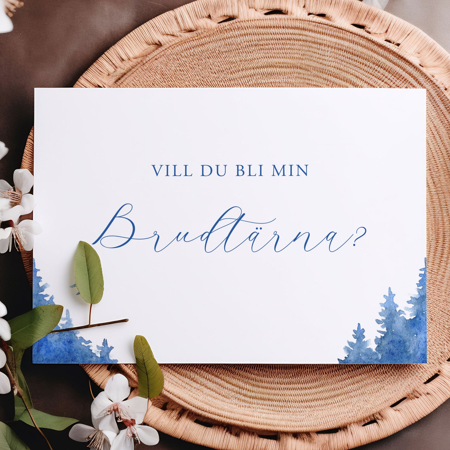 Vill du bli-kort – Vintrig Blått akvarell – A6 Tryckt fråga till brudfölje BR008
